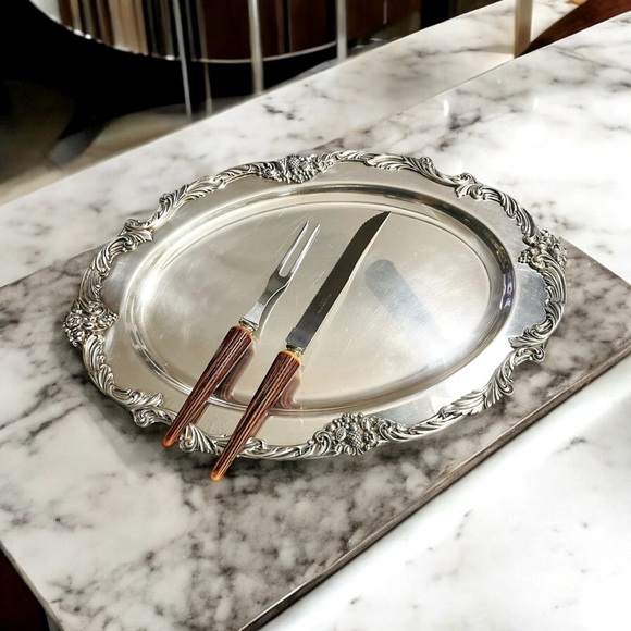 Vtg Carving 70s Fork Knife Set Faux Wood Textured Handle Stainless Steel USA - Picture 2 of 10